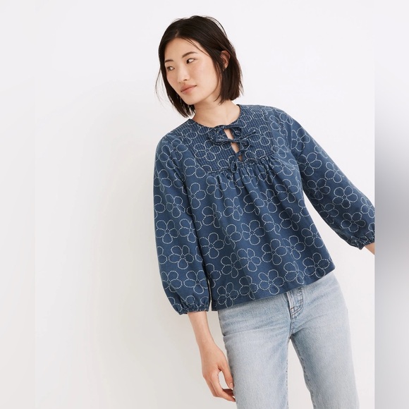Madewell Quilted Tie-Front Bib Top in Indigo Floral - Picture 1 of 9